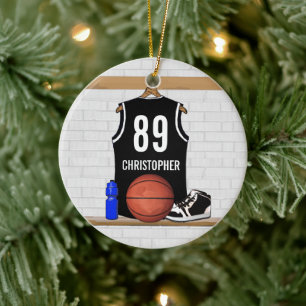 Ornamento De Cerâmica Personalized Black and White Basketball Jersey