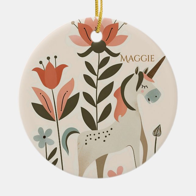 Ornamento De Cerâmica Personalized Boho Unicorn Wildflower (Frente)
