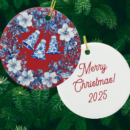 Ornamento De Cerâmica Personalized Chinoiserie Blue White Wreath Bells