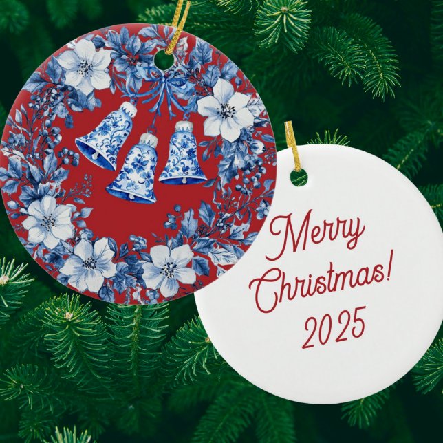 Ornamento De Cerâmica Personalized Chinoiserie Blue White Wreath Bells (Personalize the back!)