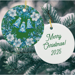Ornamento De Cerâmica Personalized Chinoiserie Blue White Wreath Bells