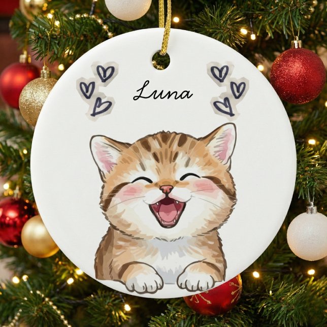 Ornamento De Cerâmica Personalized Custom Cat Photo Name Keepsake (Criador carregado)