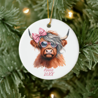 Ornamento De Cerâmica Personalized Cute Cow with Bow