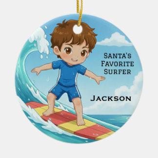 Ornamento De Cerâmica Personalized Cute Santa's Favorite Surfer