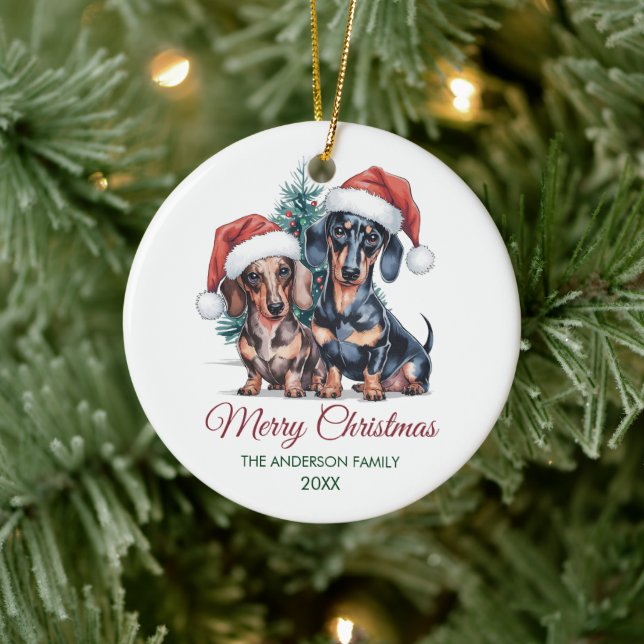 Ornamento De Cerâmica Personalized Dachshund in Santa Hat Christmas      (Árvore)