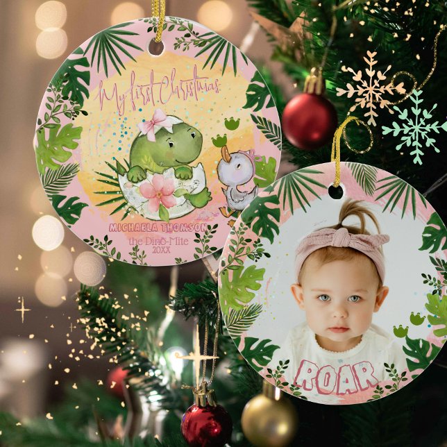 Ornamento De Cerâmica Personalized Dino 'My First Christmas' Photo  (Personalized Dino 'My First Christmas' Photo Ceramic Ornament)
