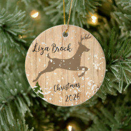 Ornamento De Cerâmica Personalized doe Christmas bauble wooden backgroun