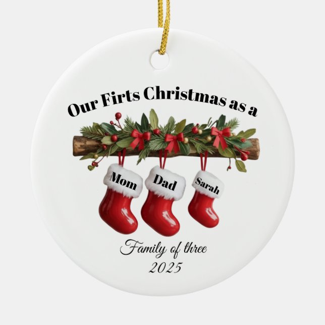 Ornamento De Cerâmica Personalized Family of Three Christmas Ornament (Frente)