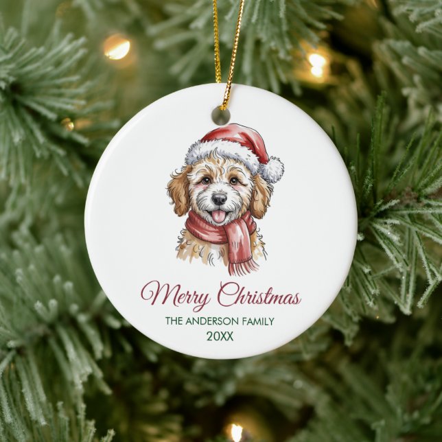 Ornamento De Cerâmica Personalized Goldendoodle Dog Santa Hat Christmas  (Árvore)