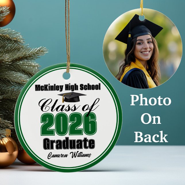 Ornamento De Cerâmica Personalized Green Class of 2026 Graduation Photo (Criador carregado)