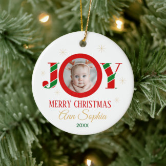 Ornamento De Cerâmica Personalized Joy Christmas Photo