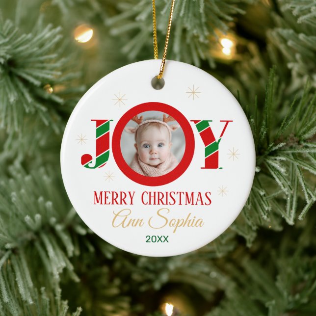 Ornamento De Cerâmica Personalized Joy Christmas Photo (Árvore)