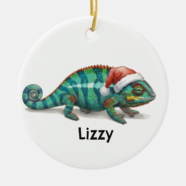Ornamento De Cerâmica Personalized Panther Chameleon at Christmas (Frente)