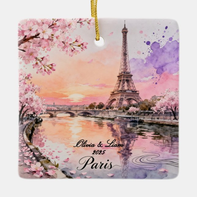 Ornamento De Cerâmica Personalized Paris Couple’s Keepsake (Frente)