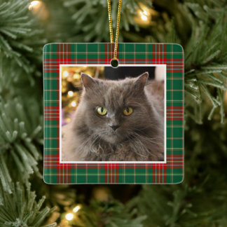 Ornamento De Cerâmica Personalized Pet Cat Dog Christmas Plaid