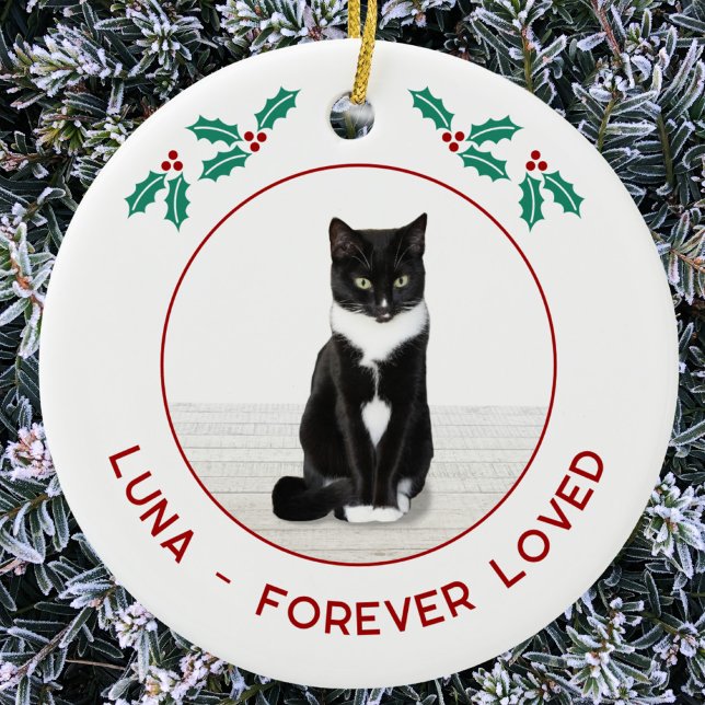 Ornamento De Cerâmica Personalized Pet Cat Memorial Christmas Photo (Personalized name text pet cat memorial photo Christmas ornament)