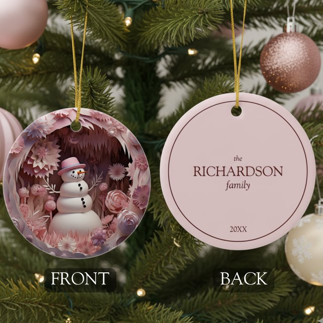 Ornamento De Cerâmica Personalized Pink Snowman Christmas (cute pink floral snowman Christmas tree ornament keepsake with customizable family name and year)