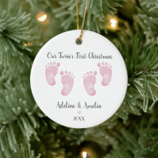 Ornamento De Cerâmica Personalized Pink Twin Baby Girls Footprint
