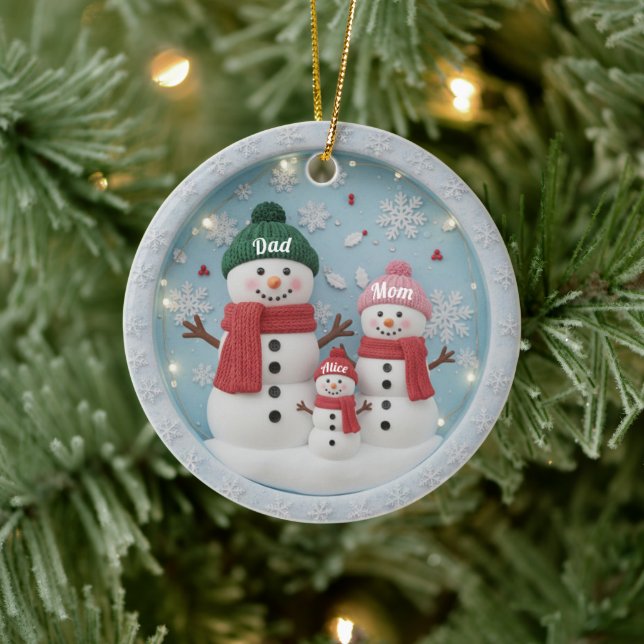 Ornamento De Cerâmica Personalized Snowman Family Ornament (Árvore)