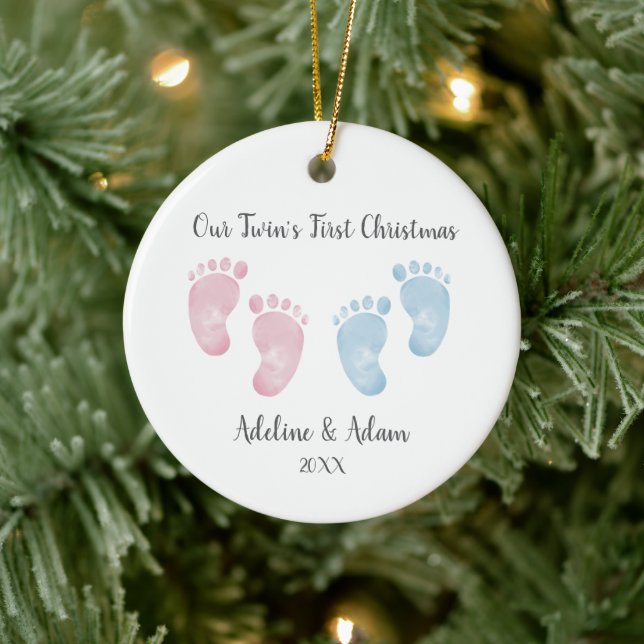 Ornamento De Cerâmica Personalized Twin Babies Footprint Ornament (Árvore)