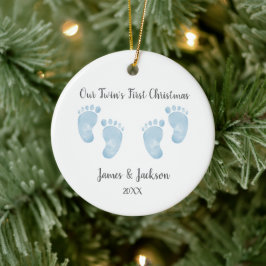Ornamento De Cerâmica Personalized Twin Baby Boys Blue Footprint 