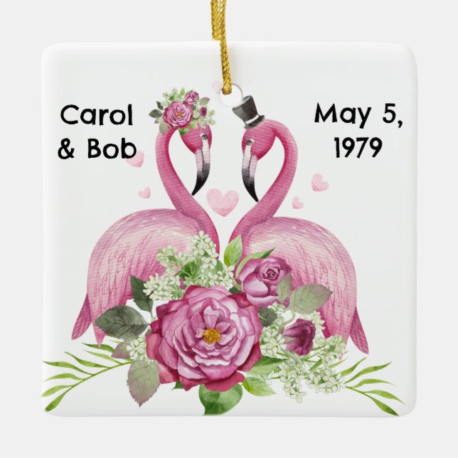 Ornamento De Cerâmica Personalized Wedding Flamingos Couples (Frente)