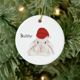 Ornamento De Cerâmica Personalized White Bunny Rabbit with Santa Hat 