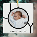 Ornamento De Cerâmica Personilized Baby Photo Christmas<br><div class="desc">This modern Christmas Photo Ornament is decorated with the word JOY in black on a white background.
Easily customizable with your baby's photo,  name,  and year of birth.</div>