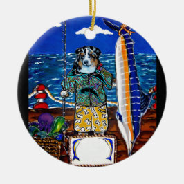 Ornamento De Cerâmica Pesca de Marlin com Australian Shepherd