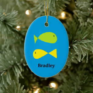 Ornamento De Cerâmica Pescadas verdes e amarelas em azul