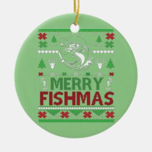 Ornamento De Cerâmica PESCANDO Peixe de Roupa de Natal Feio, Feliz Fi