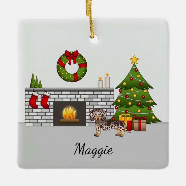 Ornamento De Cerâmica Pêssego Curto de Cabelo Castanho e Tan Dachshund N (Frente)