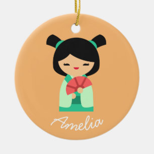 Ornamento De Cerâmica Pessegueiro rosa aqua Kokeshi Bonecas japonesas