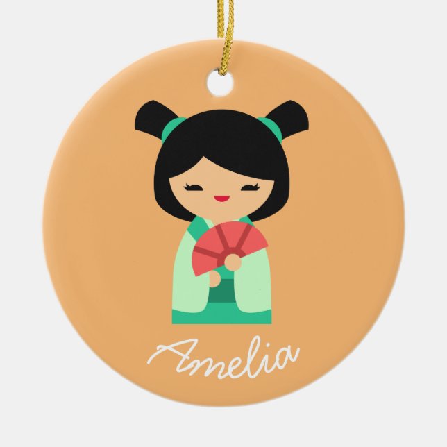 Ornamento De Cerâmica Pessegueiro rosa aqua Kokeshi Bonecas japonesas (Frente)