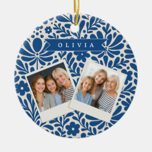 Ornamento De Cerâmica Pessoalizado Floral Folclórico Azul Nórdico Person