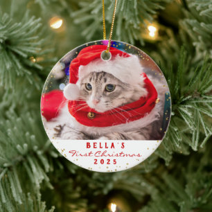 Ornamento De Cerâmica Pet Cat de Foto Personalizado 2 Feliz Natal