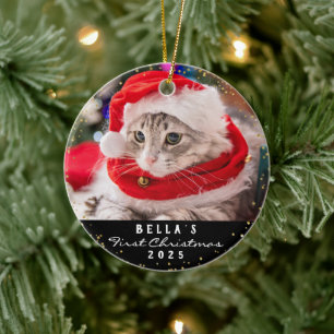 Ornamento De Cerâmica Pet Cat de Foto Personalizado 2 Preto de Natal