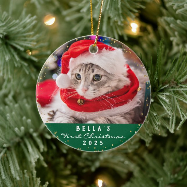 Ornamento De Cerâmica Pet Cat de Foto Personalizado 2 Verde Feliz Natal (Árvore)