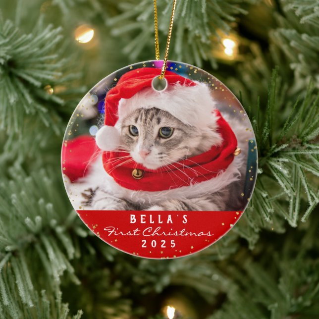 Ornamento De Cerâmica Pet Cat de Foto Personalizado 2 Vermelho de Natal (Árvore)