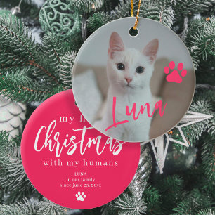 Ornamento De Cerâmica Pet cat foto name paw First Christmas