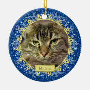 Ornamento De Cerâmica Pet Cat Memorial Blue Snowflake Foto Natal