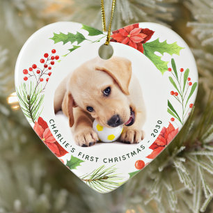 Ornamento De Cerâmica Pet Custom 2 Dog Photo Heart Wreath Christmas