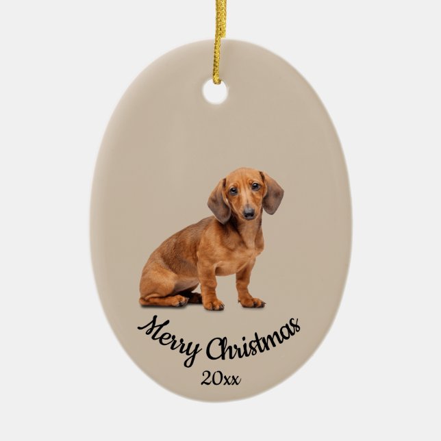 Ornamento De Cerâmica Pet De Cão De Daschund De Natal Personalizado Data (Frente)