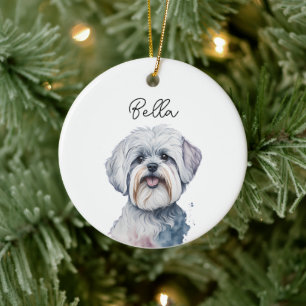 Ornamento De Cerâmica Pet de Cão Maltês Nome Personalizado Natal