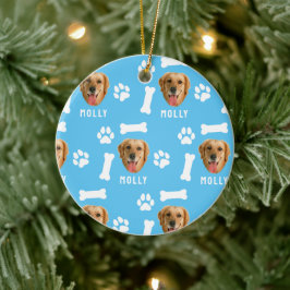 Ornamento De Cerâmica Pet de Cão Personalizado Foto e Nome Azul