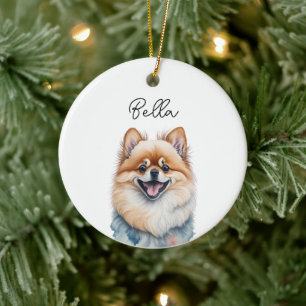 Ornamento De Cerâmica Pet de Cão Pomeraniano Nome Personalizado Natal