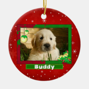 Ornamento De Cerâmica Pet de Photo Pet Nome de Cão de Natal Vermelho