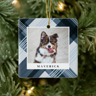 Ornamento De Cerâmica Pet de Xadrez Azul Pintado com Aquarela Foto Natal