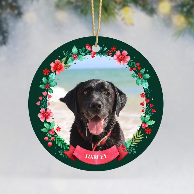 Ornamento De Cerâmica Pet Dog 2 Photo Christmas Wreath (Pet Dog Two Photo Christmas Wreath Ceramic Ornament)