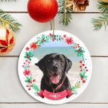 Ornamento De Cerâmica Pet Dog 2 Photo Christmas Wreath<br><div class="desc">Celebre o seu cão de estimação este Natal com esta design de ornamento festiva com uma mão pintada a aquarela de Natal. Este é um design de 2 fotos para que você possa ter várias imagens do seu animal de estimação (frente e verso). Personalize o nome, texto e fotos. Veja...</div>